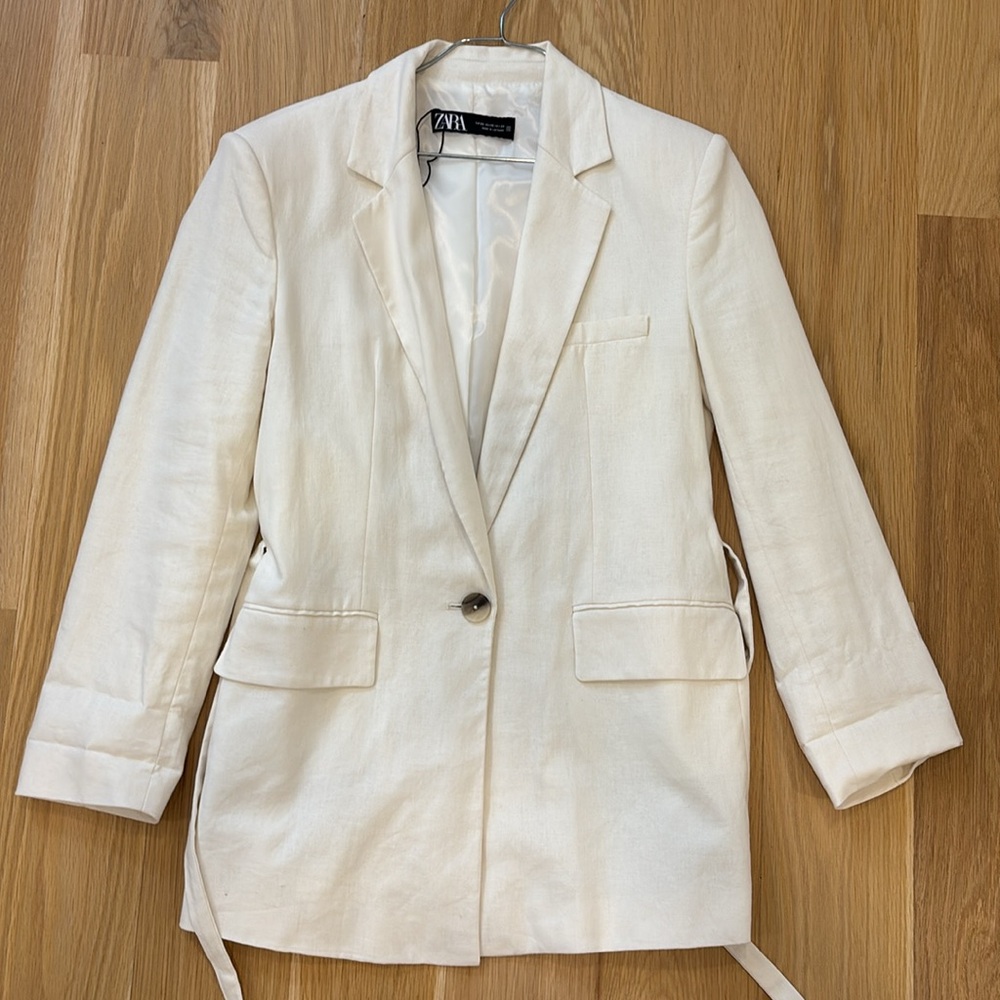 Linen Blend Belted One Button Blazer